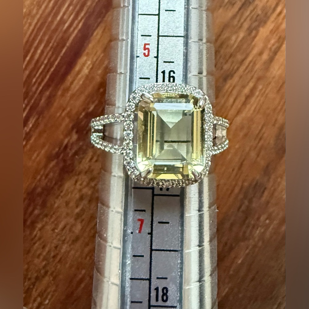 Silver Tone and Yellow Glass Ring Engagement Replacement Rhinestone Size 6